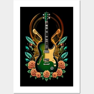 Electric guitar green with flowers 23 Posters and Art